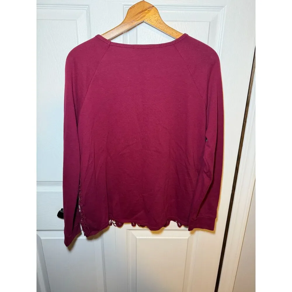 Adrianna Papell Women's Large Burgundy Lace Front Long Sleeve Top - Picture 2 of 4